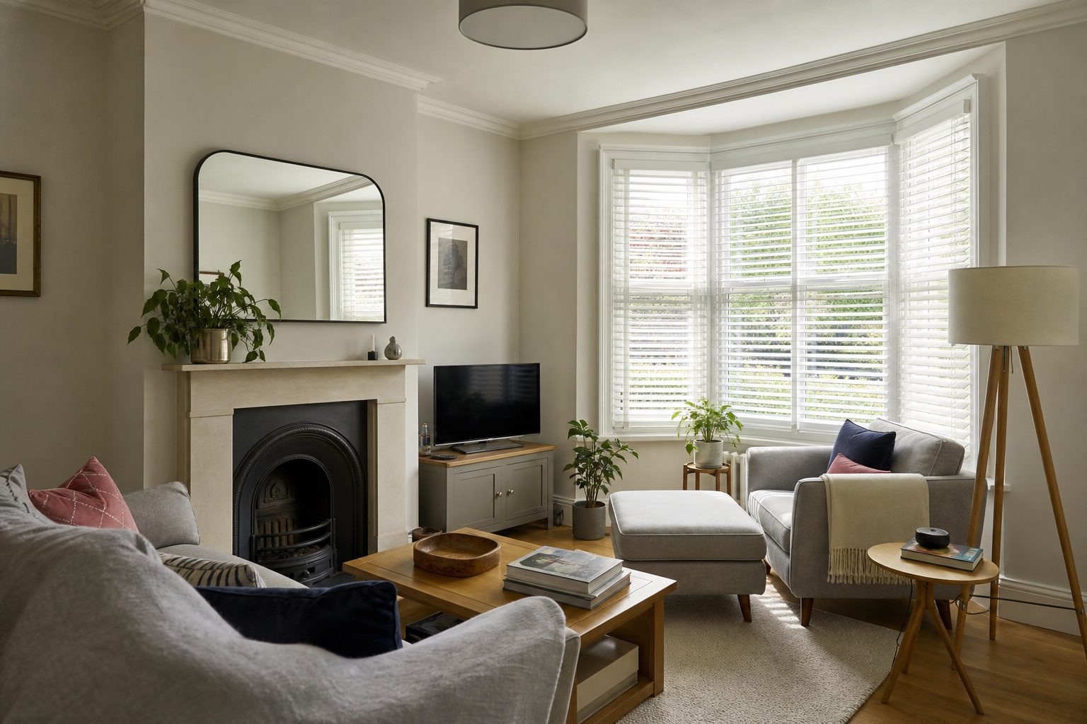 Bay window in a British living room fitted with white wooden slat blinds