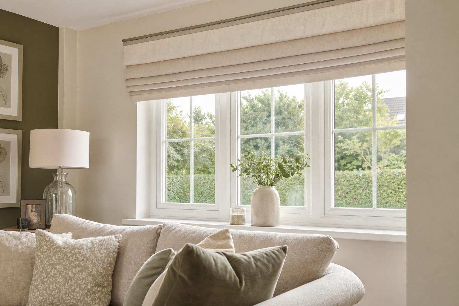 Neutral lined Roman blind raised into folds above a living room window