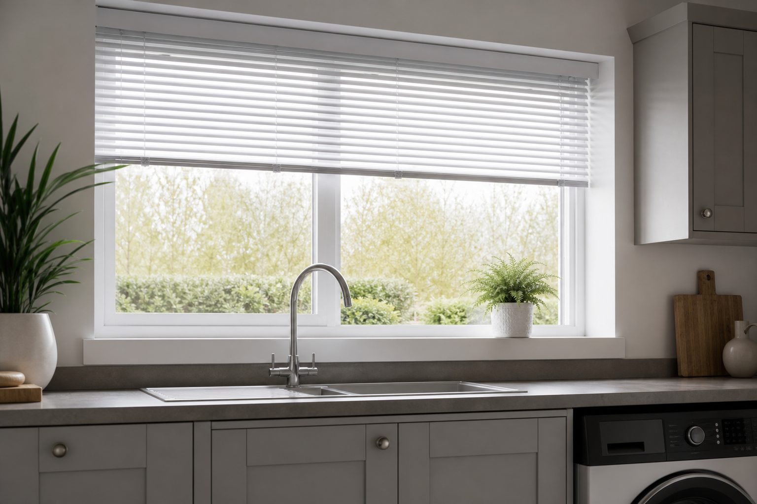 White aluminium Venetian blind with slats tilted in a UK kitchen