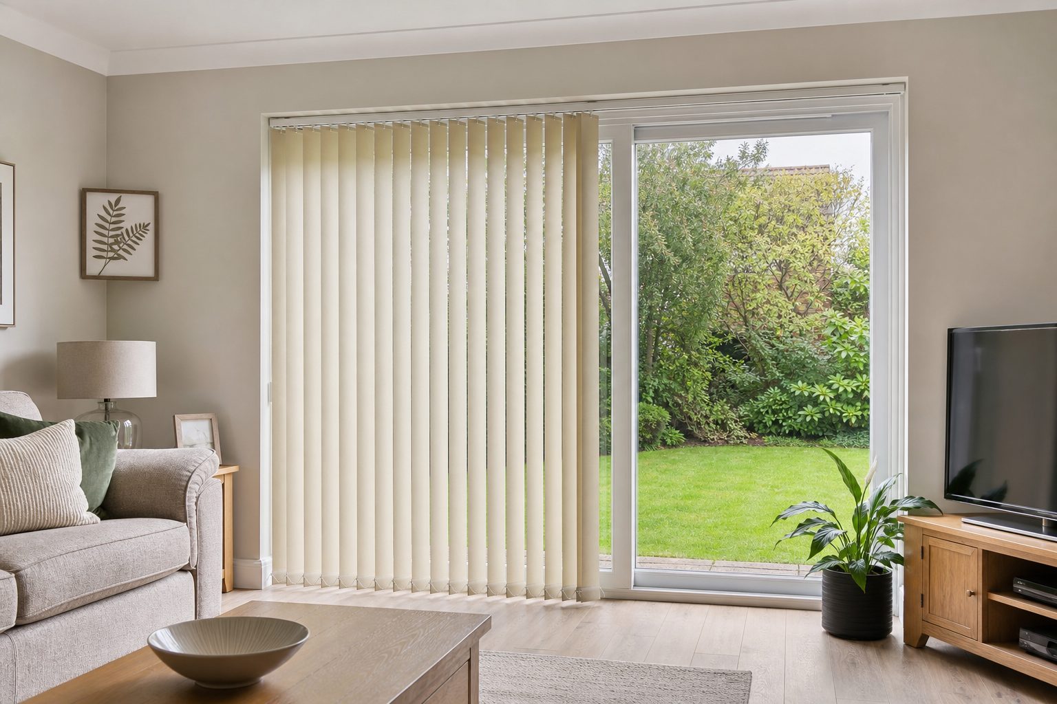 Cream vertical blinds drawn to one side of a patio door in a lounge